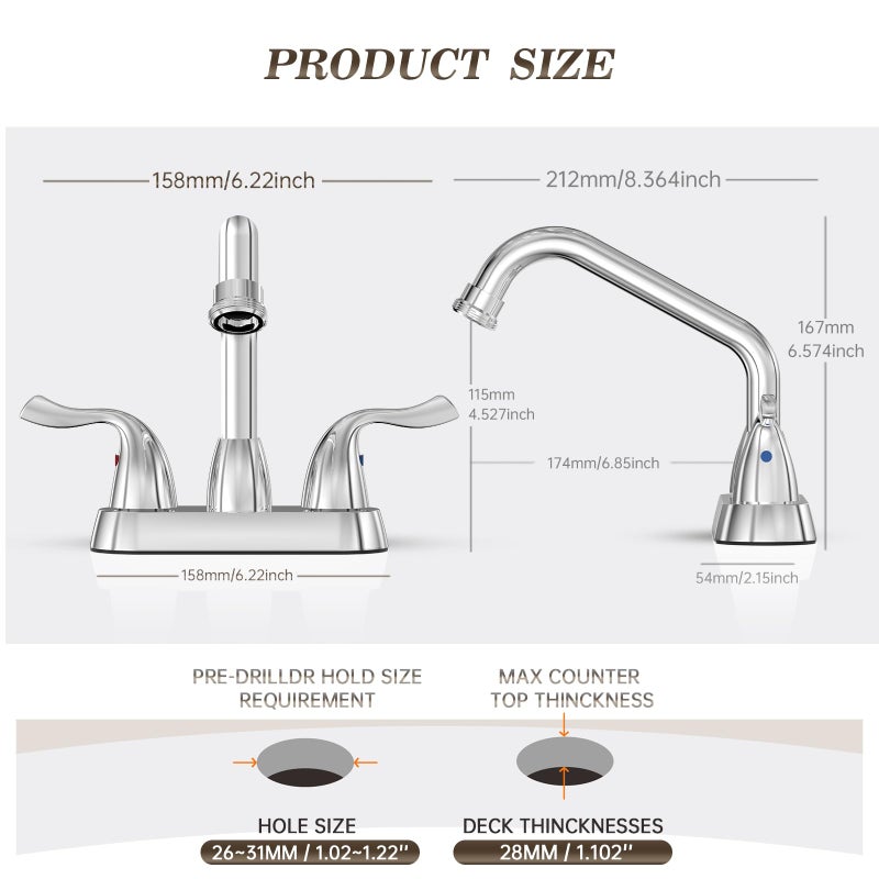 Phiestina Centerset 4 Inch 2 or 3 Hole Chrome Utility Sink/Laundry Faucet 2 Pack, with Rotatable Swivel 360 Spout and Garden Hose Threaded End, with Water Supply Line,BF025-7-C-2PACK - Image 5